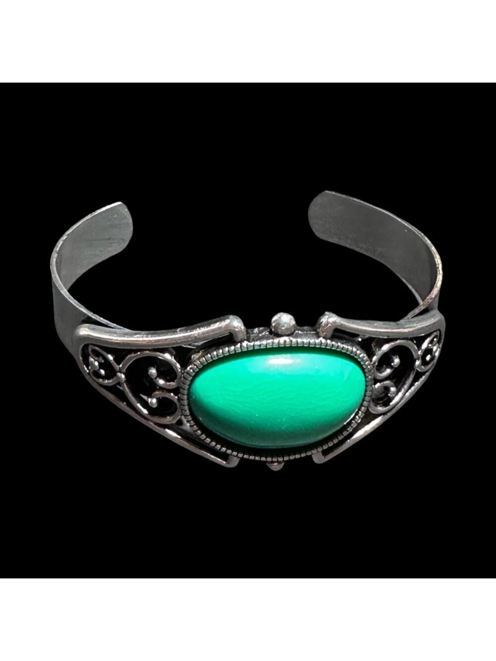Filigree Boho Style Cuff Bracelet Silver Tone Green Center Womens  Jewelry NWOT - Picture 5 of 7